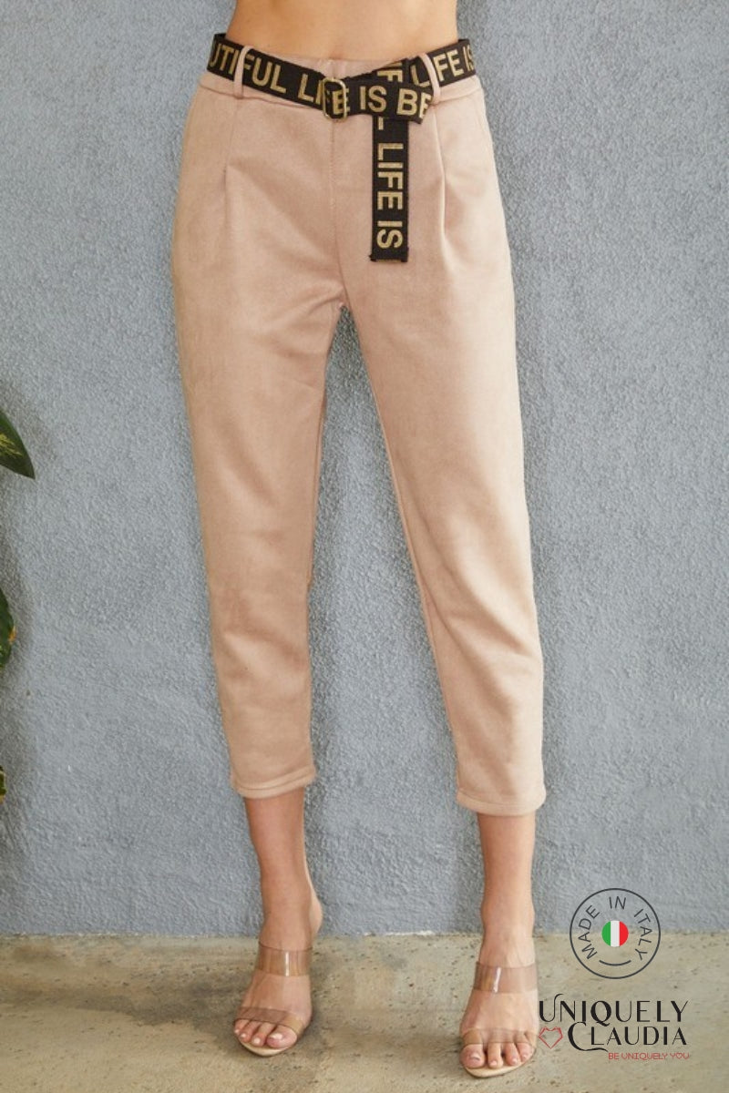 Venti6 Renata Darted Faux Suede Elastic Waist Pant with Belt | Uniquely Claudia Boutique L / Tan