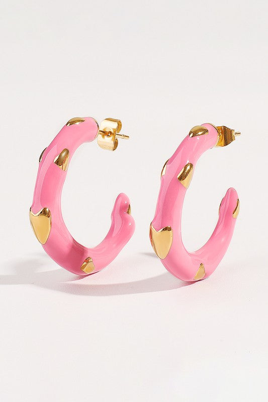 Heart Pink Enamel Open Hoop Earrings