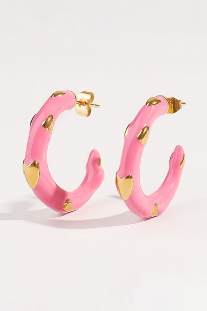 Heart Pink Enamel Open Hoop Earrings