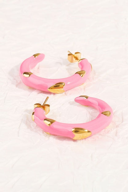 Heart Pink Enamel Open Hoop Earrings