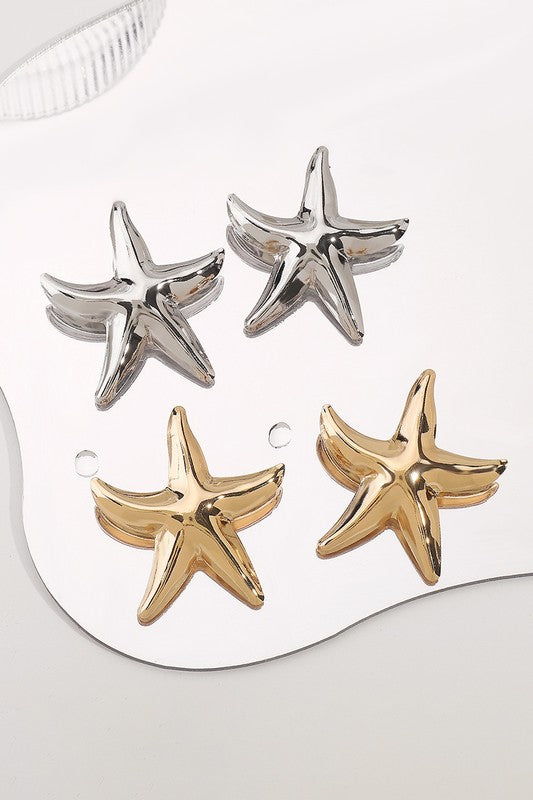 Polished Metal Starfish Dangle Earrings