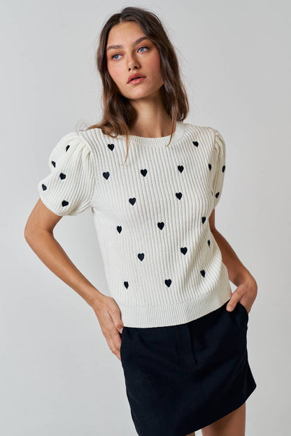 With All My Heart Embroidered Puff Sleeve Sweater Top