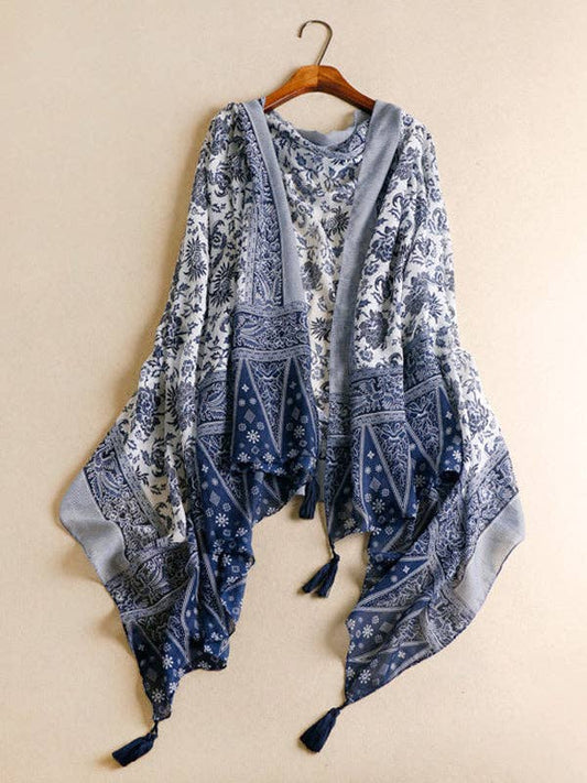 Flower Printed Scarf with Tassels