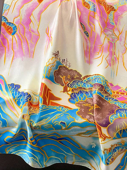 Oriental Landscape Printed Vegan Silk Scarf