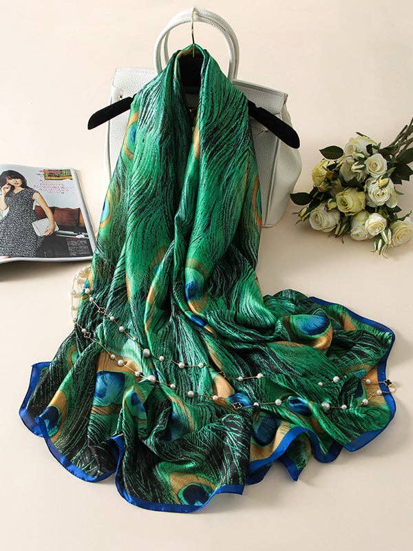 Peacock Printed Vegan Silk Scarf