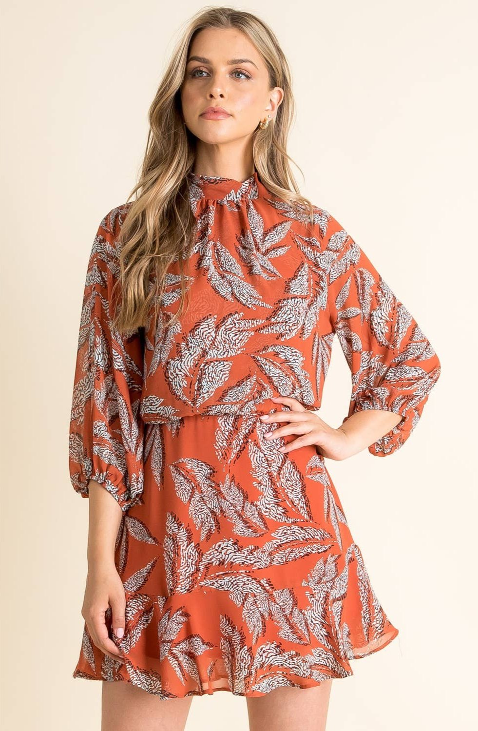 Amberliss Leaf Print High-Neck Dress | Uniquely Claudia Boutique