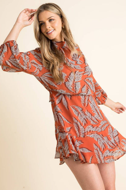 Amberliss Leaf Print High-Neck Dress | Uniquely Claudia Boutique