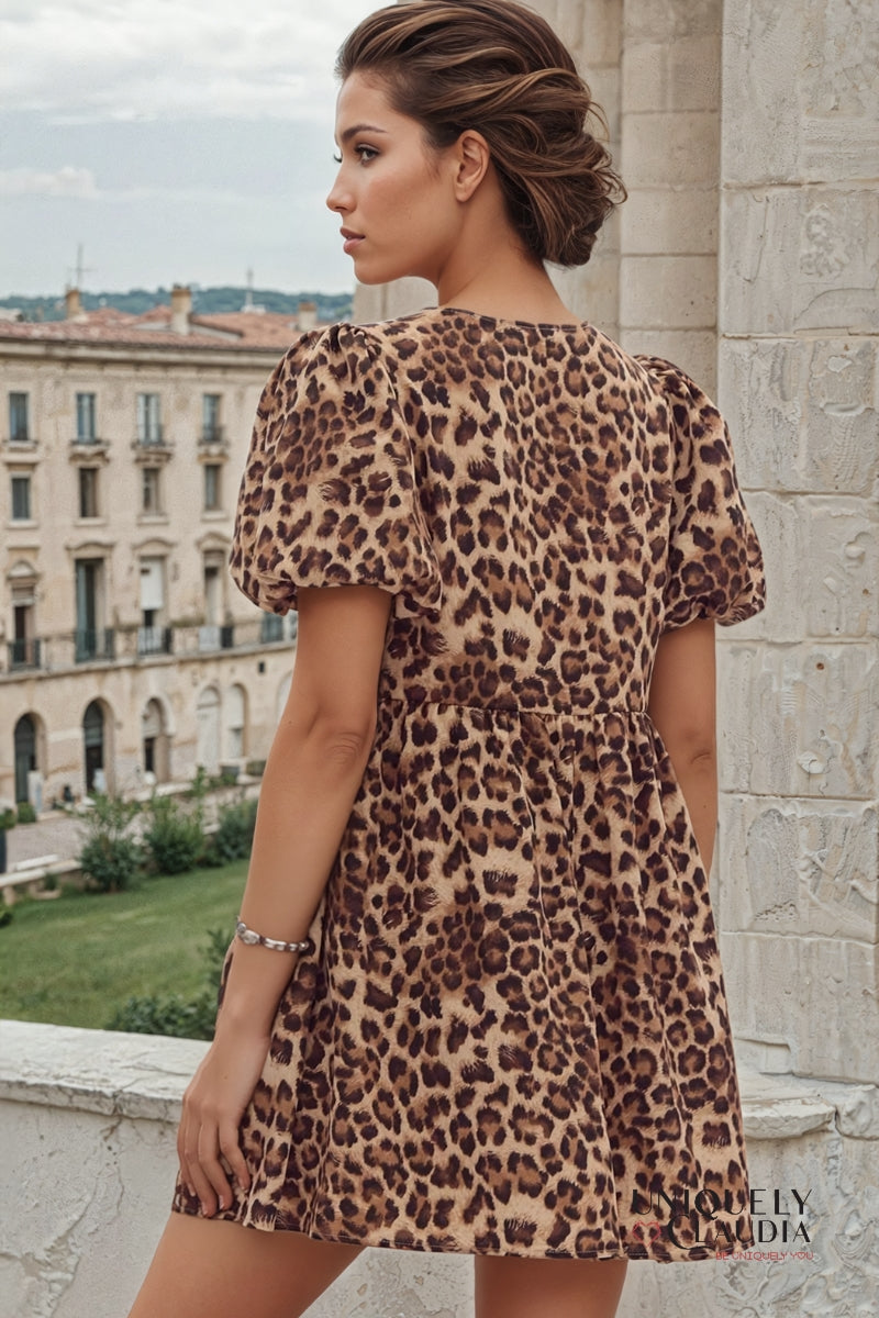 Andreina Animal Print Puff Sleeves Bow Detail Mini Dress | Uniquely Claudia Boutique