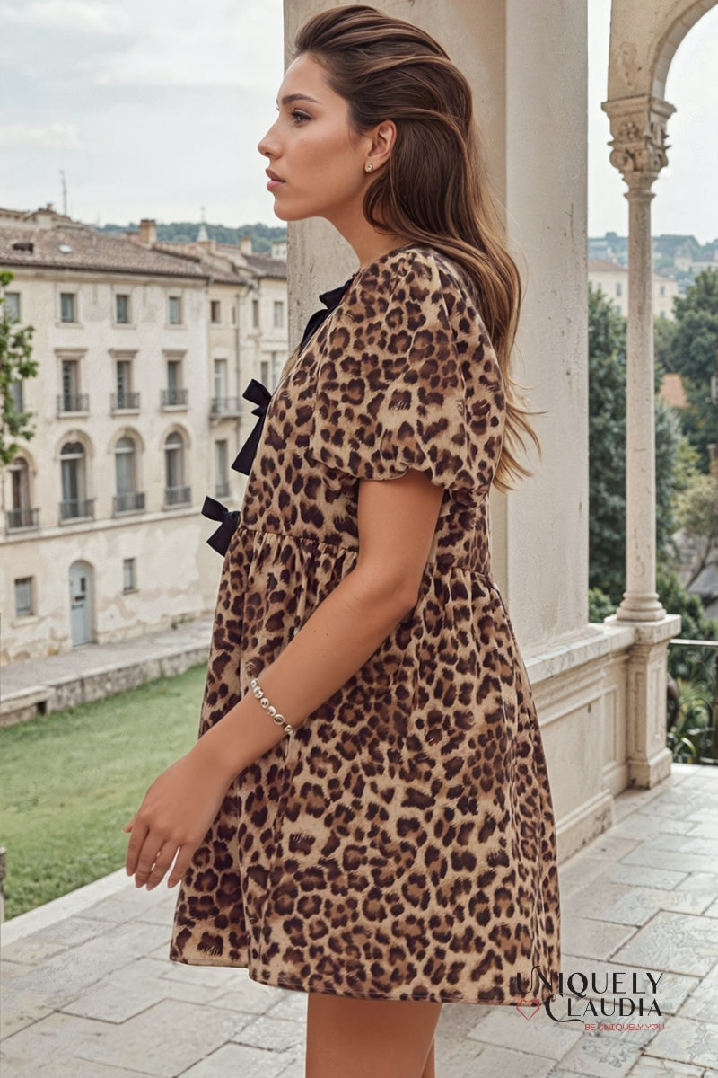 Andreina Animal Print Puff Sleeves Bow Detail Mini Dress | Uniquely Claudia Boutique