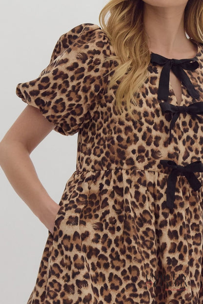 Andreina Animal Print Puff Sleeves Bow Detail Mini Dress | Uniquely Claudia Boutique