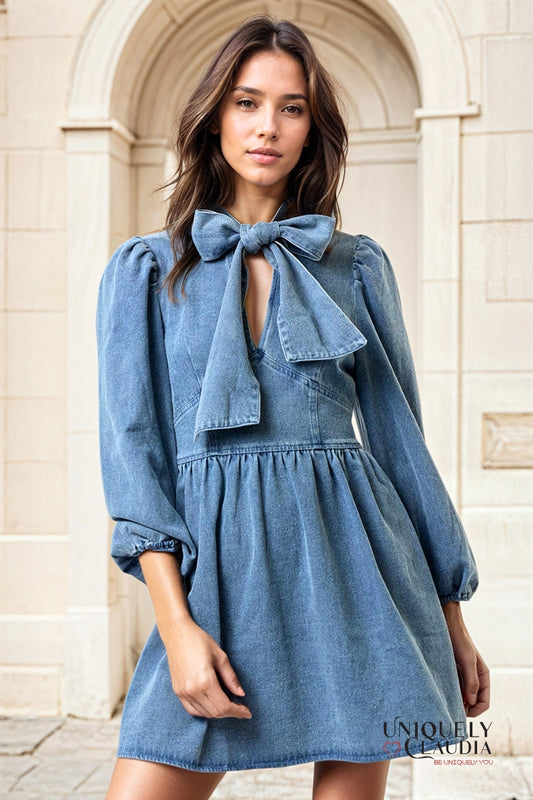 Barbara Bow Neck Tie Denim Babydoll Dress | Uniquely Claudia Boutique