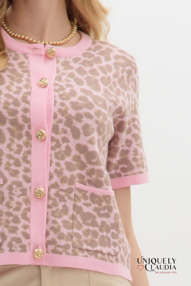 Carynn Pink Animal Print Short-Sleeve Knit Cardigan