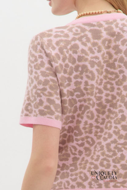 Carynn Pink Animal Print Short-Sleeve Knit Cardigan