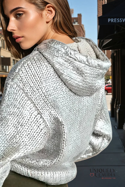 Casey Chic Metallic Foil Knit Hooded Sweater | Uniquely Claudia Boutique