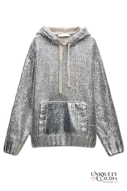 Casey Chic Metallic Foil Knit Hooded Sweater | Uniquely Claudia Boutique