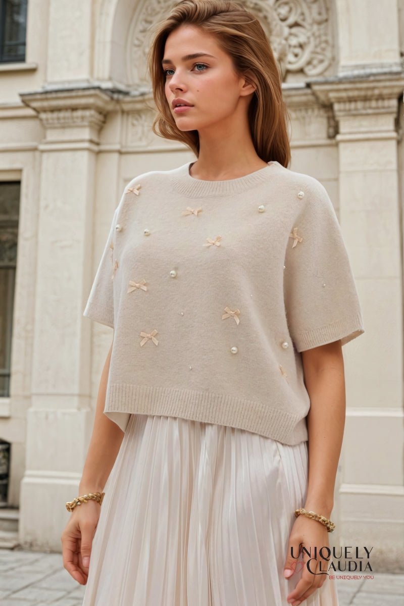 Charina Bows & Pearls Sweater Top | Uniquely Claudia Boutique