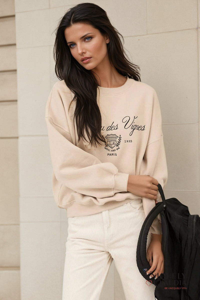 Chateau Des Vignes Embroidered Crewneck Sweatshirt | Uniquely Claudia Boutique 