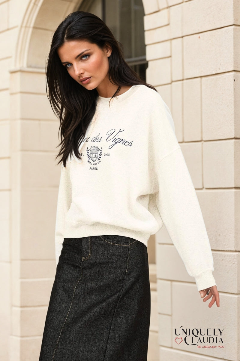 Chateau Des Vignes Embroidered Crewneck Sweatshirt | Uniquely Claudia Boutique 