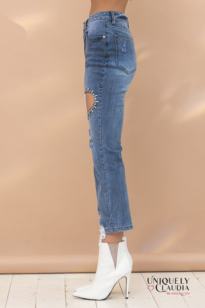 Dacia Embellished Heart Cut Out Denim Ankle Jeans