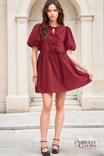 Dalila Puff Sleeves Bow Detail Mini Dress | Uniquely Claudia Boutique