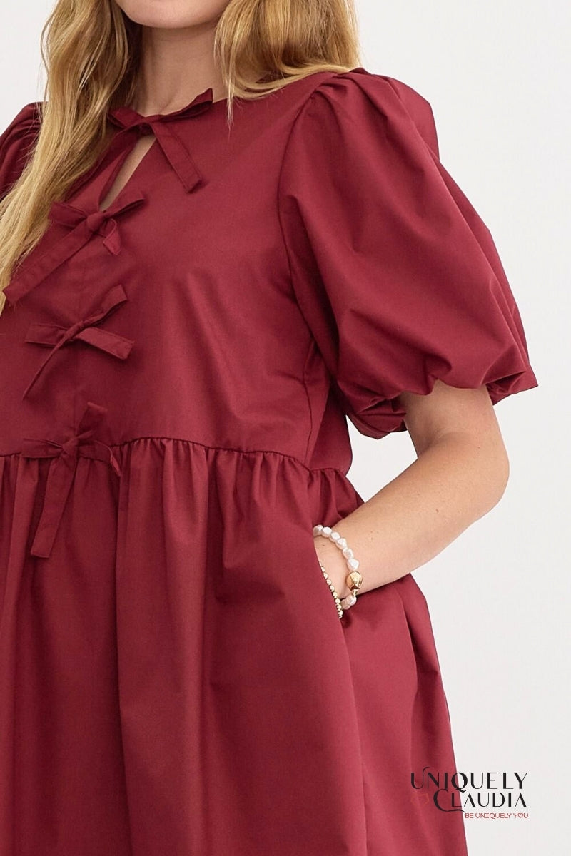 Dalila Puff Sleeves Bow Detail Mini Dress | Uniquely Claudia Boutique