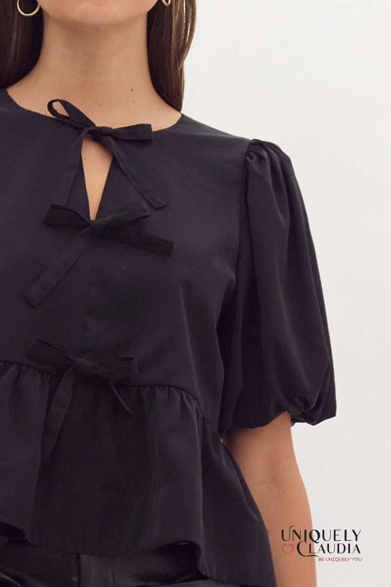 Danielle Puff Sleeves Bow Detail Top | Uniquely Claudia Boutique