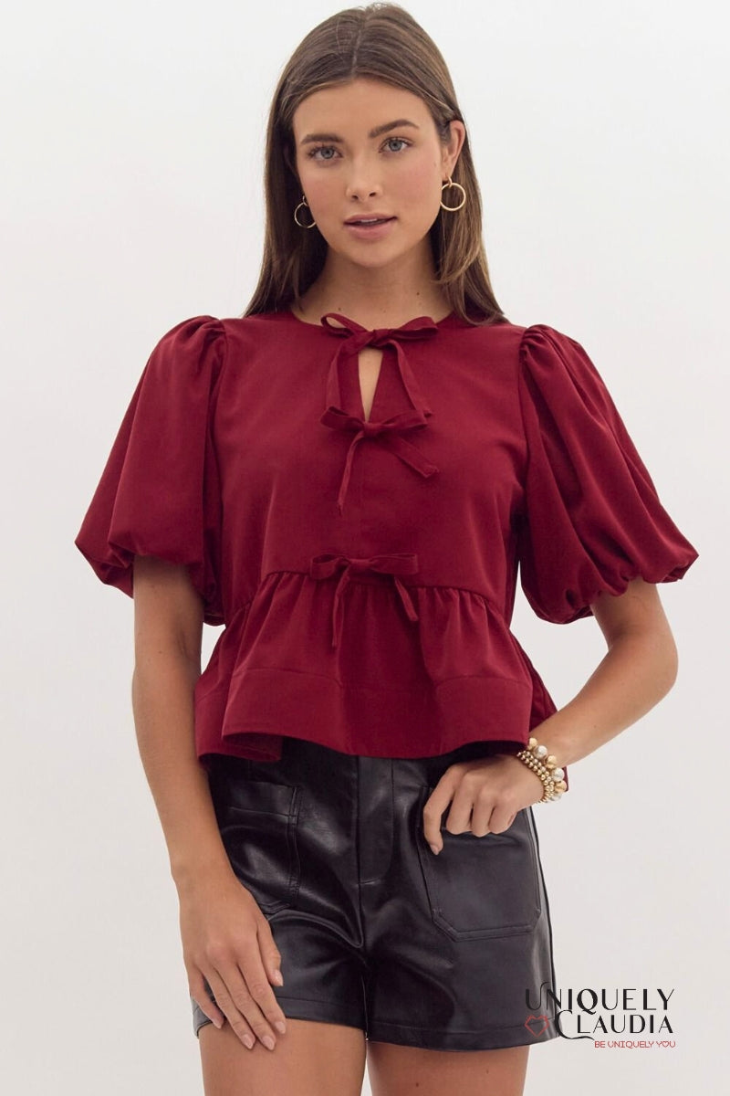 Danielle Puff Sleeves Bow Detail Top | Uniquely Claudia Boutique