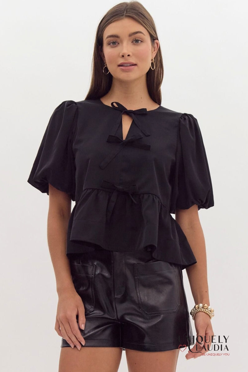 Danielle Puff Sleeves Bow Detail Top | Uniquely Claudia Boutique