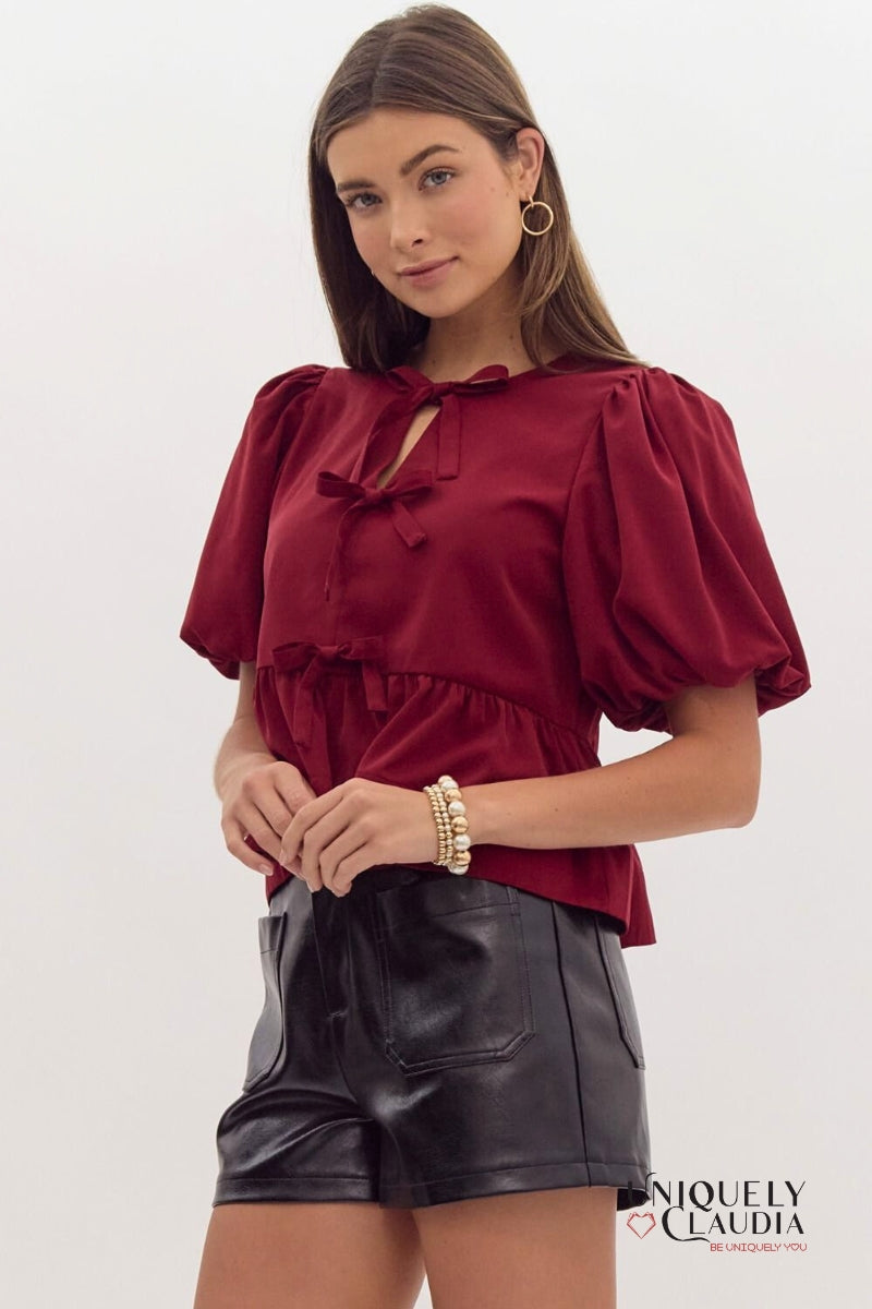 Danielle Puff Sleeves Bow Detail Top | Uniquely Claudia Boutique