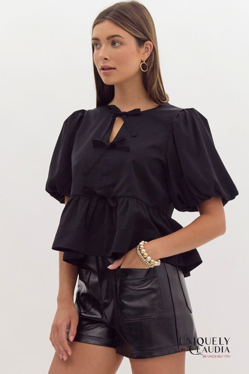 Danielle Puff Sleeves Bow Detail Top | Uniquely Claudia Boutique