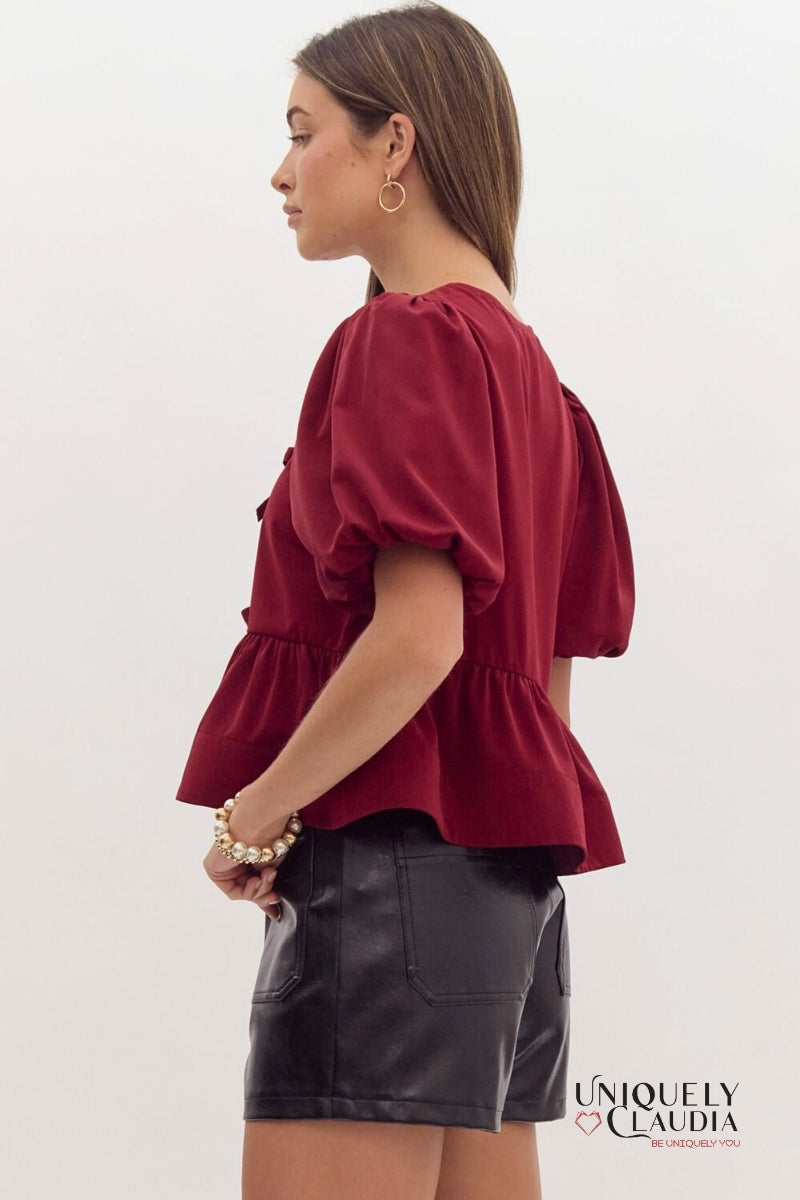 Danielle Puff Sleeves Bow Detail Top | Uniquely Claudia Boutique