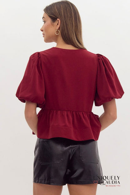 Danielle Puff Sleeves Bow Detail Top | Uniquely Claudia Boutique