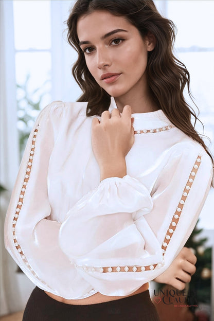 Desiree Mock Neck Pearl Trim Blouse | Uniquely Claudia Boutique