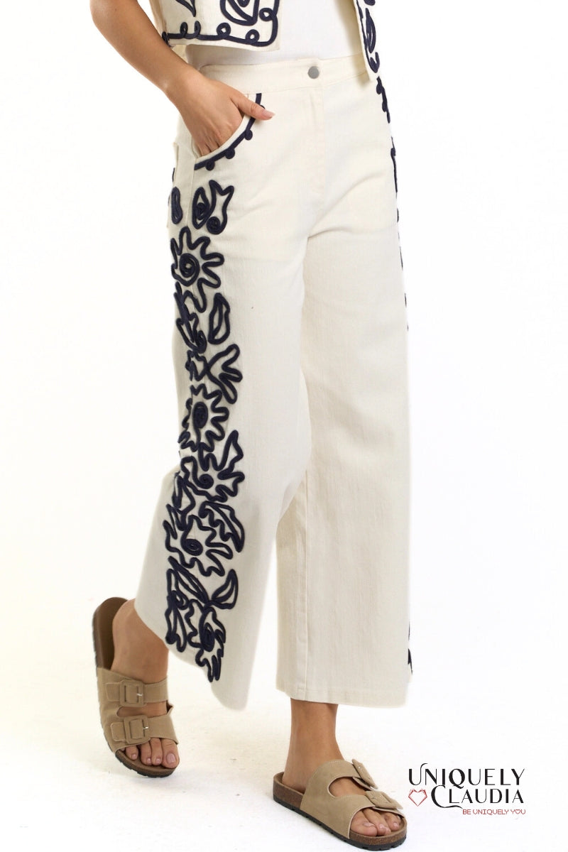 Elaine Detailed Ivory Denim Pant | Uniquely Claudia Boutique