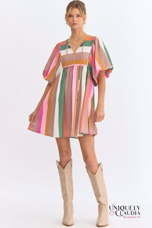 Elizabeth Multi-Striped Puff Sleeves Babydoll Dress | Uniquely Claudia Boutique
