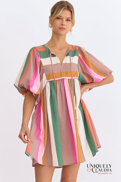 Elizabeth Multi-Striped Puff Sleeves Babydoll Dress | Uniquely Claudia Boutique