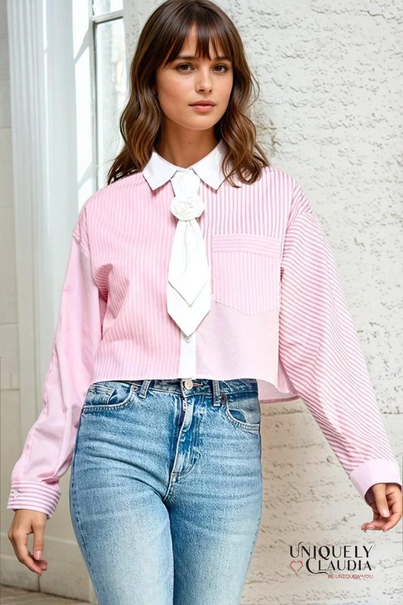 Ella Striped Collared Shirt With Rosette Tie | Uniquely Claudia Boutique