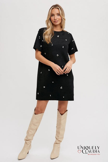 Elle Rhinestone Embellished Suede Shift Mini Dress | Uniquely Claudia Boutique 