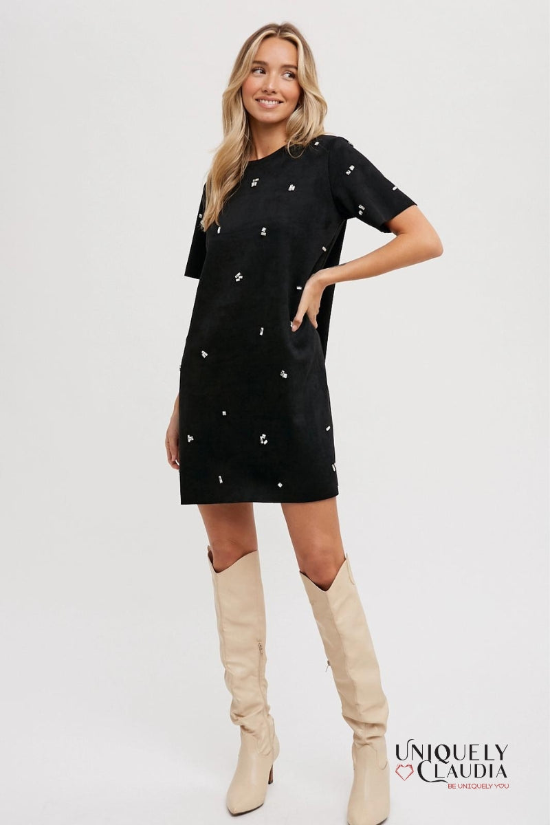 Elle Rhinestone Embellished Suede Shift Mini Dress | Uniquely Claudia Boutique 