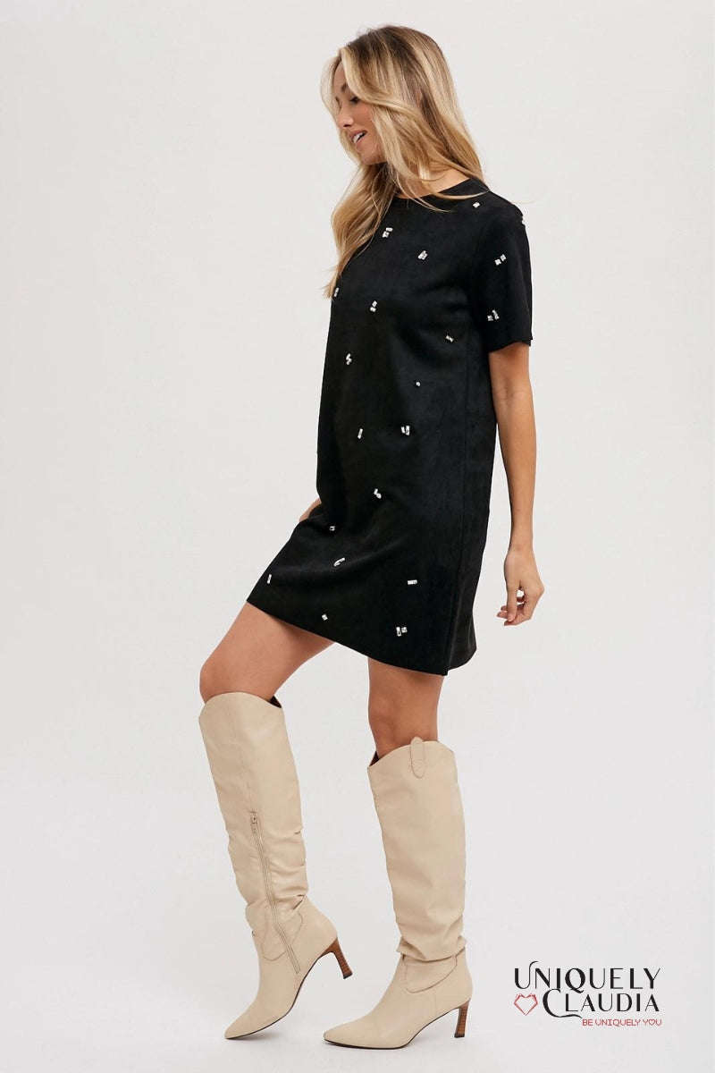 Elle Rhinestone Embellished Suede Shift Mini Dress | Uniquely Claudia Boutique 