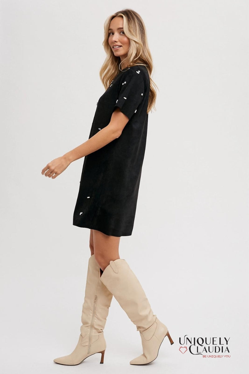 Elle Rhinestone Embellished Suede Shift Mini Dress | Uniquely Claudia Boutique 