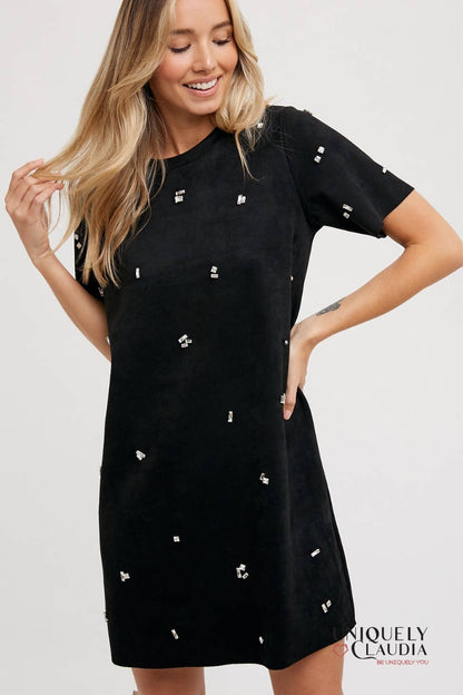 Elle Rhinestone Embellished Suede Shift Mini Dress | Uniquely Claudia Boutique 