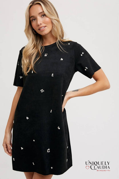 Elle Rhinestone Embellished Suede Shift Mini Dress | Uniquely Claudia Boutique 