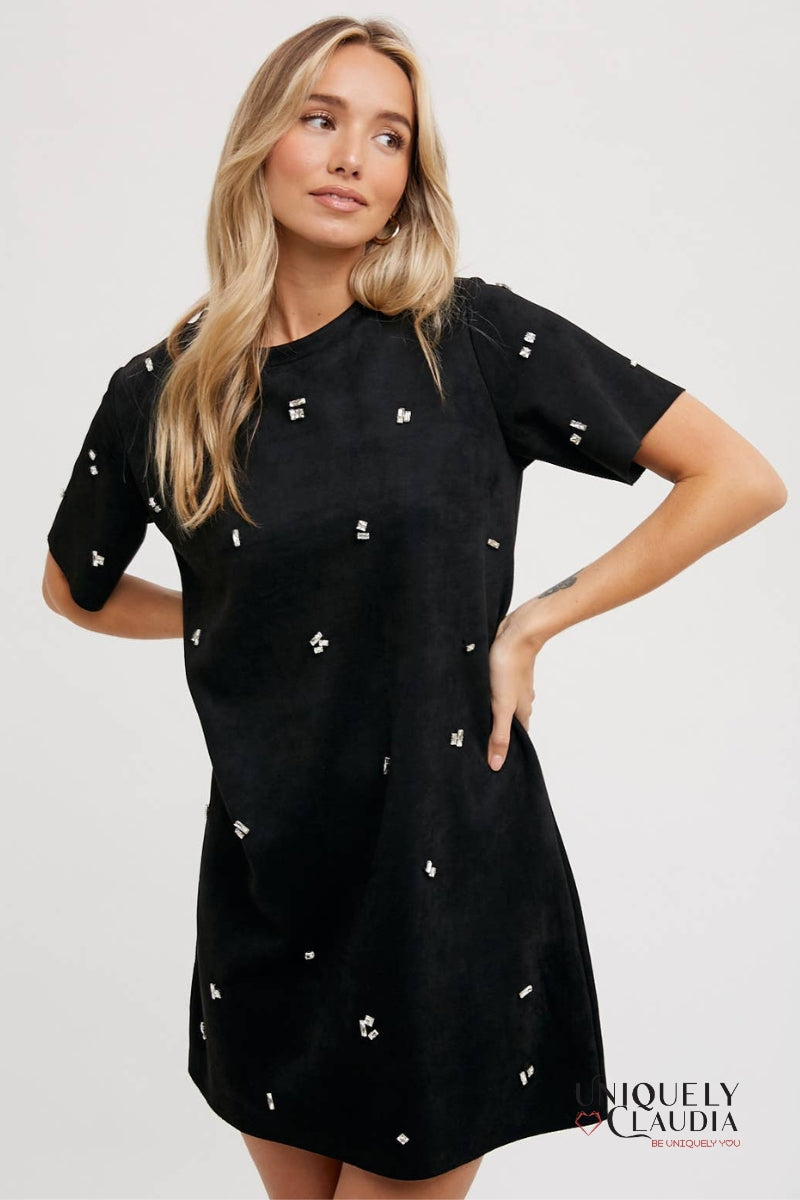 Elle Rhinestone Embellished Suede Shift Mini Dress | Uniquely Claudia Boutique 