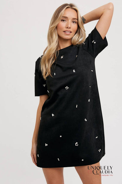 Elle Rhinestone Embellished Suede Shift Mini Dress | Uniquely Claudia Boutique 