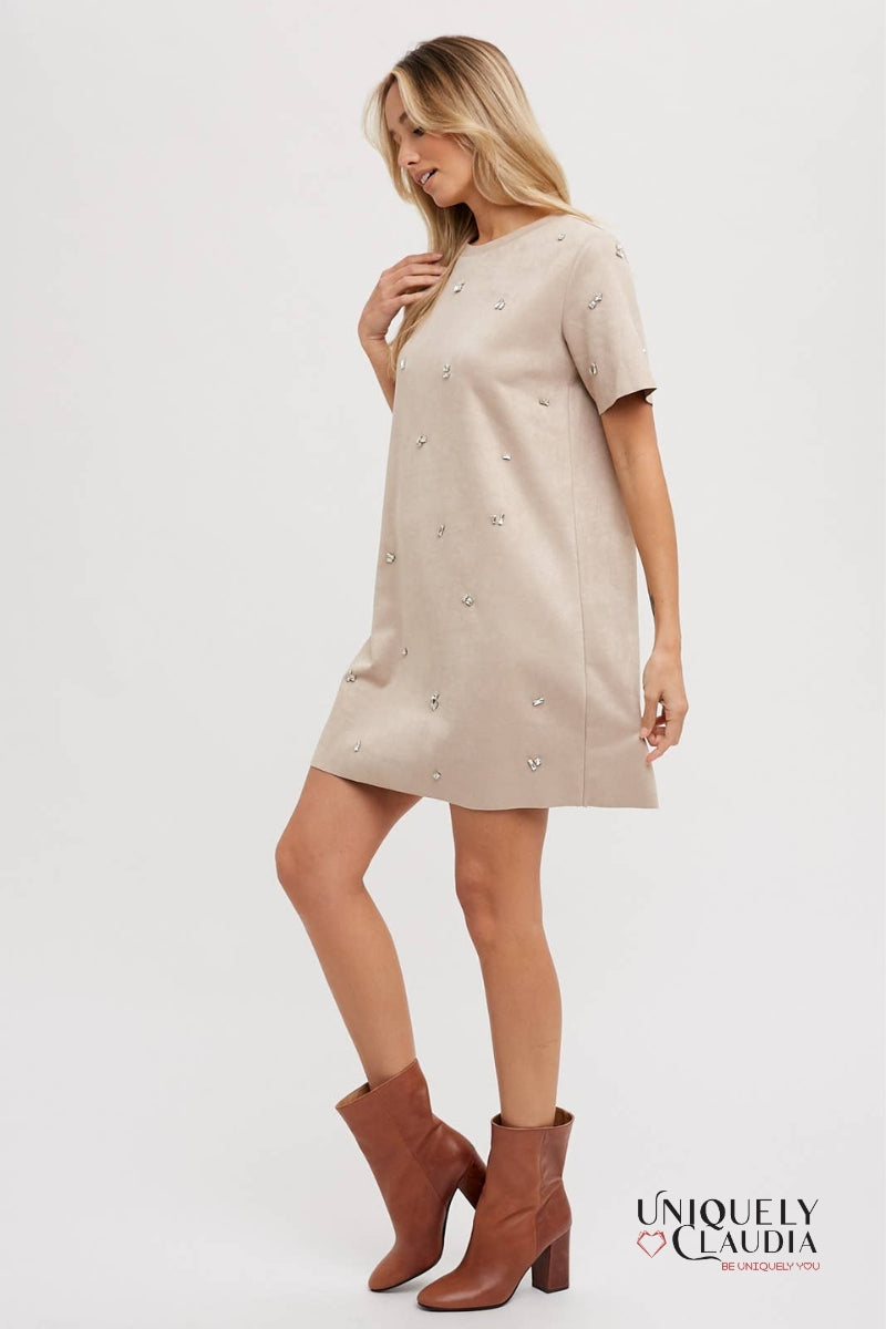 Elle Rhinestone Embellished Suede Shift Mini Dress | Uniquely Claudia Boutique 