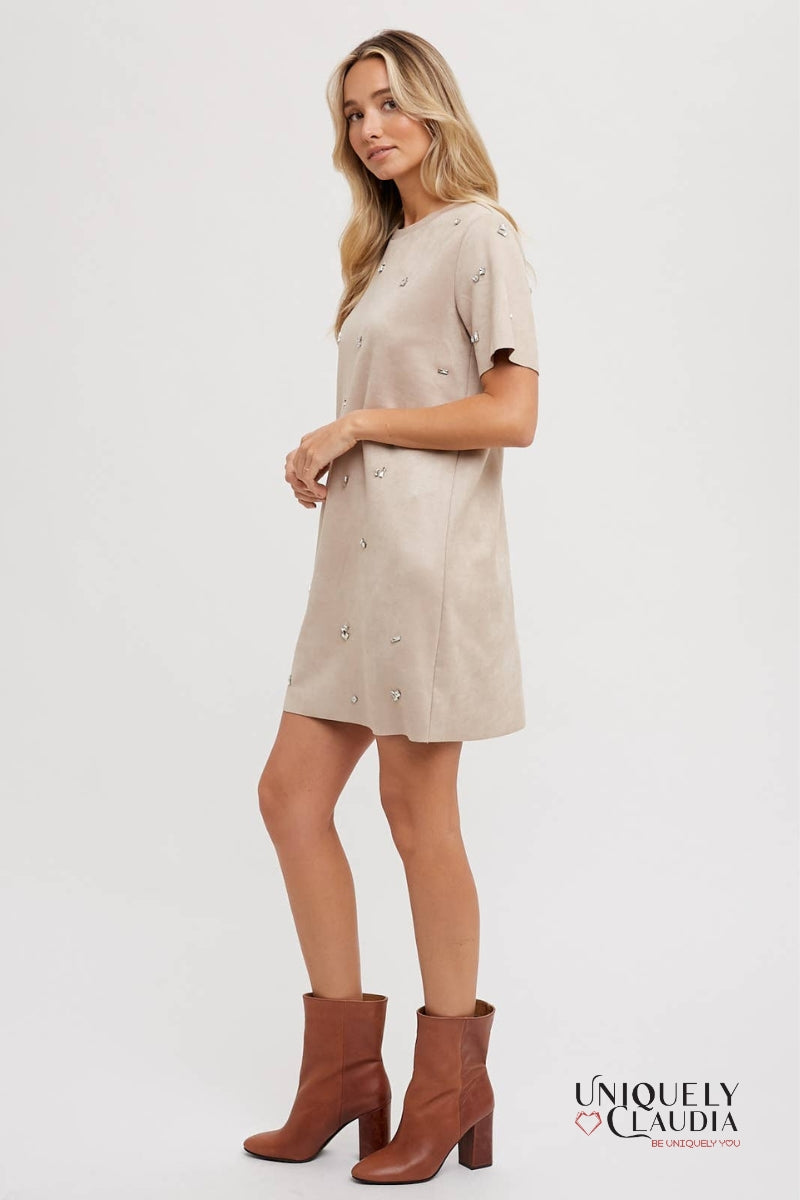 Elle Rhinestone Embellished Suede Shift Mini Dress | Uniquely Claudia Boutique 