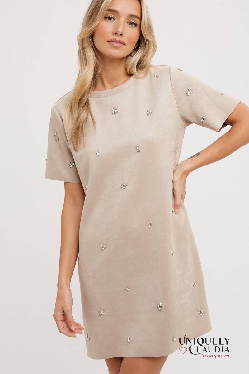 Elle Rhinestone Embellished Suede Shift Mini Dress | Uniquely Claudia Boutique 