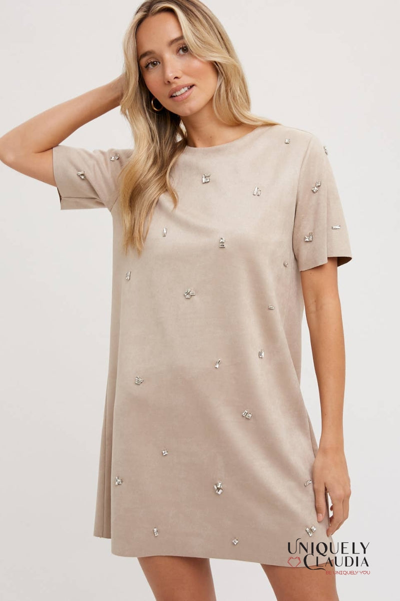 Elle Rhinestone Embellished Suede Shift Mini Dress | Uniquely Claudia Boutique 