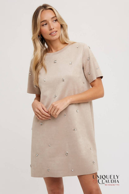 Elle Rhinestone Embellished Suede Shift Mini Dress | Uniquely Claudia Boutique 